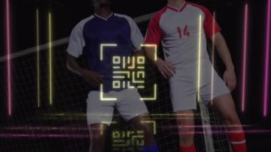 Animation of neon qr code over two diverse male soccer players playing soccer on black background. Sports and technology concept