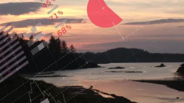 Animation of graphs and programming codes moving over scenic view of sea and silhouette mountain. Digital composite, multiple exposure, database, report, sunset, nature and scenery concept.