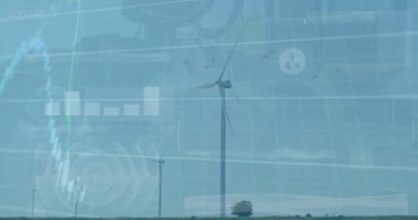 Animation of graphs moving over wind turbines against pump jack at oil industry. Digital composite, multiple exposure, technology, power generation, development, economy, fuel and power generation.