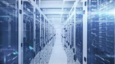 Animation of data processing on digital interface against server room. Digital composite, artificial intelligence, telecommunication, cloud computing, technology,