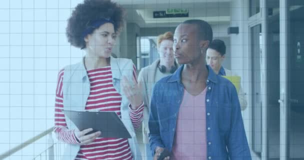 Animation Fingerprint Scanning Multiracial Colleagues Discussing Walking Office Corridor Digital — Vídeos de Stock