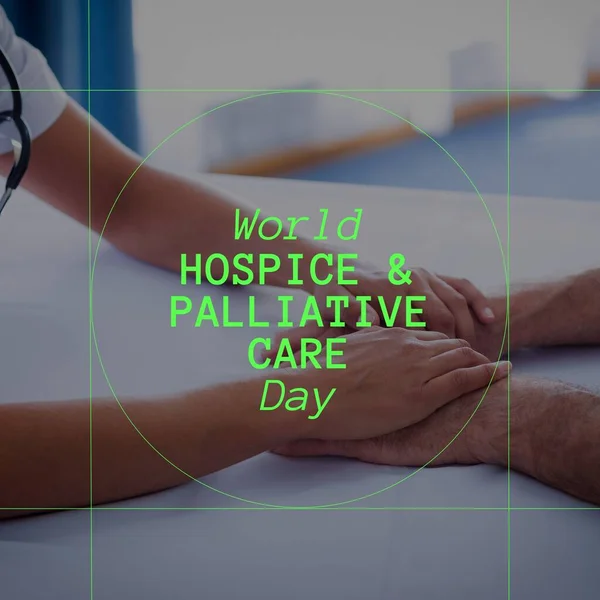 Composition of world hospice and palliative care day text over doctor with patient holding hands. World hospice and palliative care day and celebration concept digitally generated image.