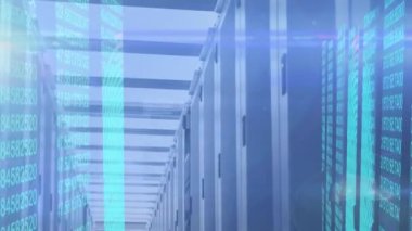 Animation of multiple screens with binary coding data processing over empty computer server room. Business data storage technology concept