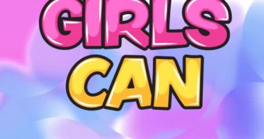 Animation of girls can text over shapes. Social media and abstract background concept digitally generated video.