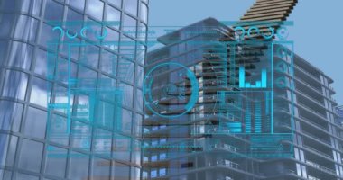 Animation of interface with data processing over staircase icon against tall buildings. Business data and analytics technology concept
