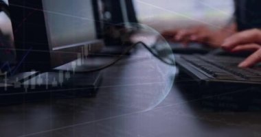 Animation of rotating globe with graph over cropped hands of caucasian student typing on keyboard. Digital composite, globalization, school, data, education, childhood, e-learning and technology.