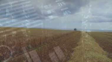 Animation of statistical data processing over tractor operating in farm fields. Global business and agriculture concept