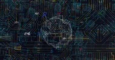 Animation of globe of network of connections and microprocessor connections against black background. Cyber security and business technology concept