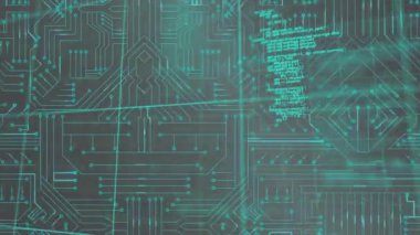 Animation of data processing and growth hacking text over computer circuit board on grey background. Global technology, computing and digital interface concept digitally generated video.