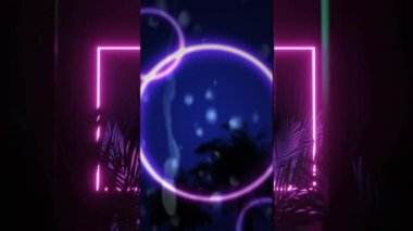 Animation of pink neon square divided by blue neon ring, with palm leaves on black background. Celebration, party, nightlife and festivity, retro future concept digitally generated video.