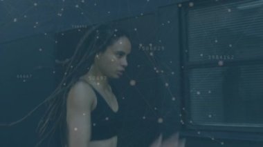Animation of number counter and connecting dots caucasian woman with dreadlocks running in city. Digital composite, multiple exposure, jogger, fitness, sport, working out, sport and active lifestyle.