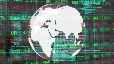 Animation of globe rotating over data processing and servers in green space. Global finances business digital interface and technology concept digitally generated video.