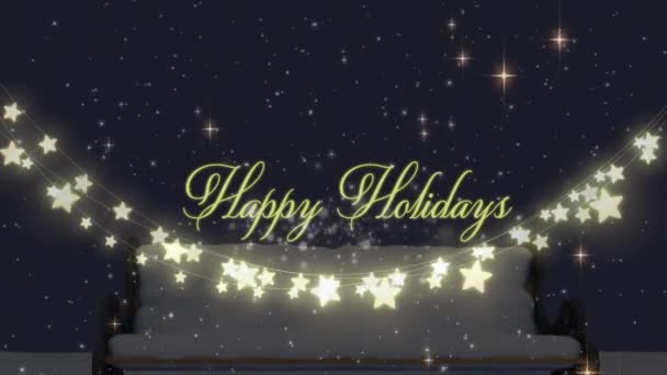 Animation Happy Holidays Greetings Illuminated Star Decoration Snow Covered Bench — Wideo stockowe