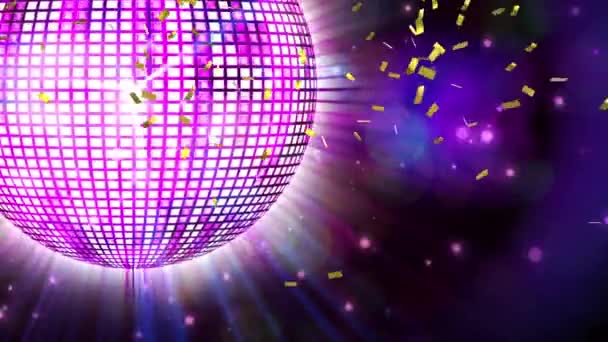 Animation Confetti Purple Shiny Disco Ball Spinning Light Beams Digital — Vídeo de Stock