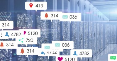 Image of media icons over server room. Global business and digital interface concept digitally generated image.
