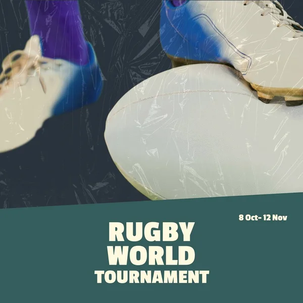 Composition of rugby world tournament text over shoes and rugby ball. World rugby contest and sport concept digitally generated image.