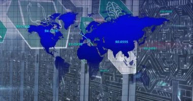 Animation of medical icons and world map against microprocessor connections over server room. Medical research and business storage technology concept
