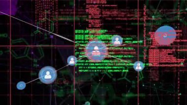 Animation of profile icons connecting dots with coding, molecular formulas on digital interface. Digital composite, connect the dots, networking, technology, connection, coding, data processing.