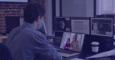 Animation of dots connecting with lines over caucasian man in mask video calling family in office. Digital composite, covid, togetherness, social distancing, telecommunication and technology concept.