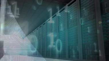 Animation of microprocessor connections and binary coding over empty computer server room. Global networking and business data storage technology concept