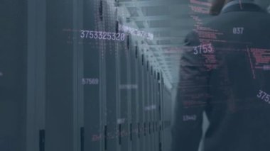 Animation of data processing over caucasian businessman in server room. Global technology, online security and digital interface concept digitally generated video.