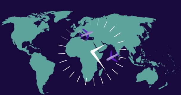 Animation Clock Moving Planes World Map Social Media Travel Digital — Wideo stockowe