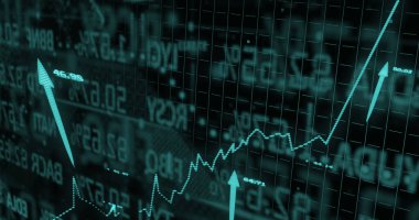 Image of statistics and financial data processing over arrows on black background. Global business, finance and data processing concept digitally generated image.