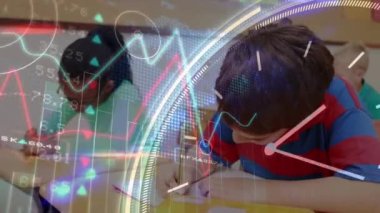 Animation of ticking clock and data processing against smiling caucasian boy studying at school. School and education technology concept