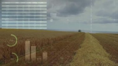 Animation of statistical data processing over tractor operating in farm fields. Global business and agriculture concept