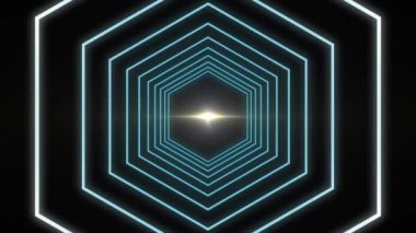Animation of abstract hexagonal shape in seamless pattern over light spot against black background. Technology background concept