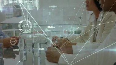 Animation of network of connections with data processing over diverse business people. Global business, connections and digital interface concept digitally generated video.