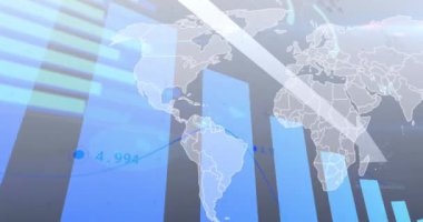 Animation of financial data processing with graph over world map on grey background. Global business, finances and digital interface concept digitally generated video.