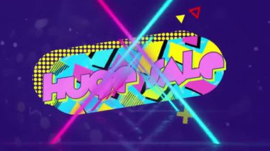 Animation of huge sale text over shapes. Retro future and digital interface concept digitally generated video.