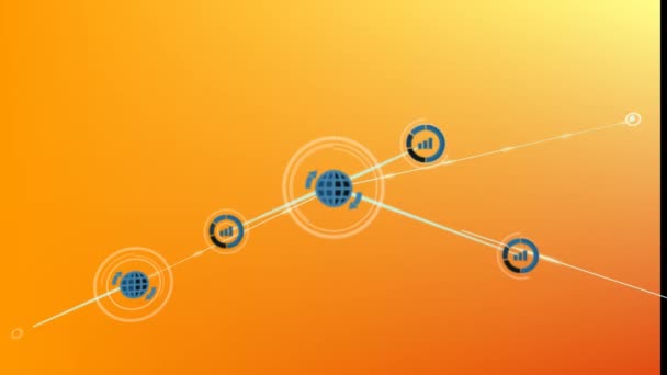 Animation Digital Network Graph Icons Interconnecting Lines Orange Background Illustration — Stockvideo
