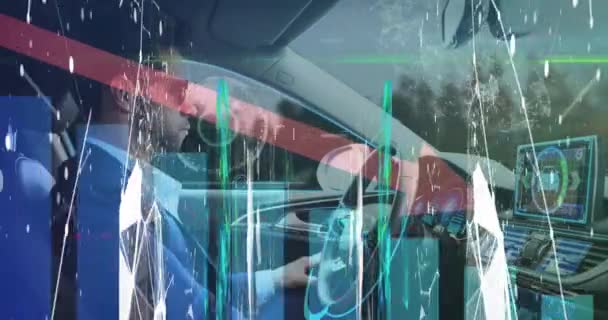 Animation Screens Network Connections Graphs African American Man Driving Car — Vídeos de Stock