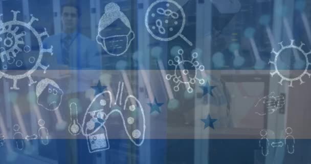Animation Pandemic Icons Flag Honduras Caucasian Male Worker Server Room — Stock Video
