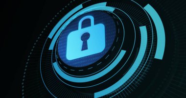 Image of digital padlock in processing circle on black background. Data processing, digital security and technology concept digitally generated image.