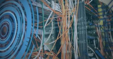 Animation of interface with data processing and round scanner over close up of a computer server. Computer interface and business data storage technology concept