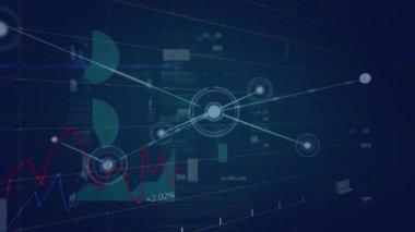 Animation of network of connections over data processing against blue background. Global networking and business technology concept