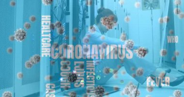 Animation of covid text over people using laptop. Global connections technology and digital interface concept digitally generated video.