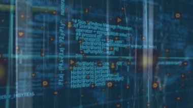 Animation of data processing with icons over server room. Global technology, online security and digital interface concept digitally generated video.