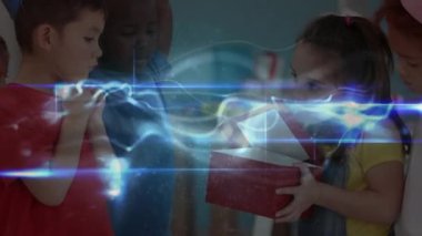 Animation of girl showing gift to multiracial friends at birthday party, waves with light effect. Globe, togetherness, surprise, friendship, technology, childhood.