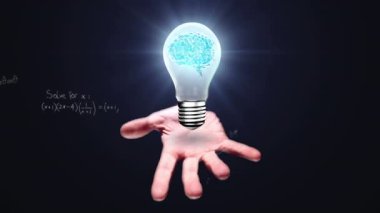 Animation of bulb with brain over caucasian man hand and math formulas on black background. Science, math and idea concept digitally generated video.