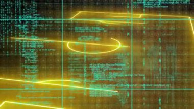 Animation of data processing over neon sport field plans on black background. Global sport, computing and digital interface concept digitally generated video.