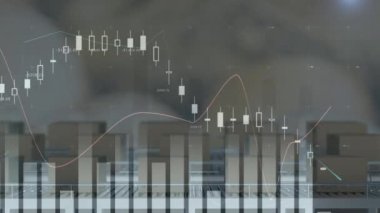 Animation of graphs on digital interface, cardboard boxes moving on conveyer belt in factory. Digital composite, multiple exposure, technology, business, progress, supply and demand, manufacturing.