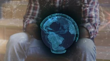 Animation of 3d globe and mathematical formulas over caucasian bald man using smartphone on steps. Digital composite, multiple exposure, globalization, telecommunications and technology concept.