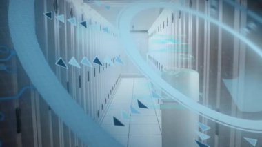 Animation of circular scanner data processing over servers in computer server room. Global communication, business, data security and digital interface concept digitally generated video.