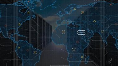 Animation of data processing over world map against computer server room. Computer interface and business data storage technology concept