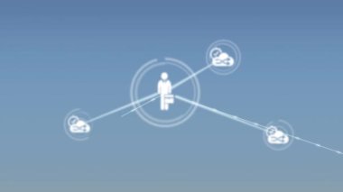 Animation of network of connections with icons on blue background. Global connections, computing and digital interface concept digitally generated video.