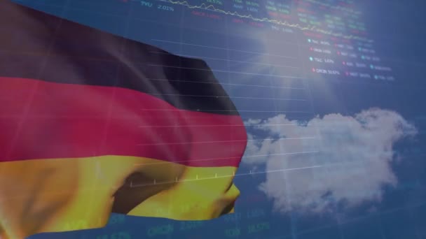 Animation German Flag Waving Skyscape Infographic Interface Trading Board Digital — Vídeo de Stock